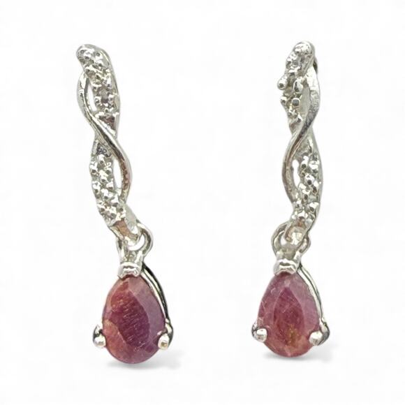 Natural Red Ruby Diamond Dangle Earrings 925 Sterling Silver - Picture 2 of 5